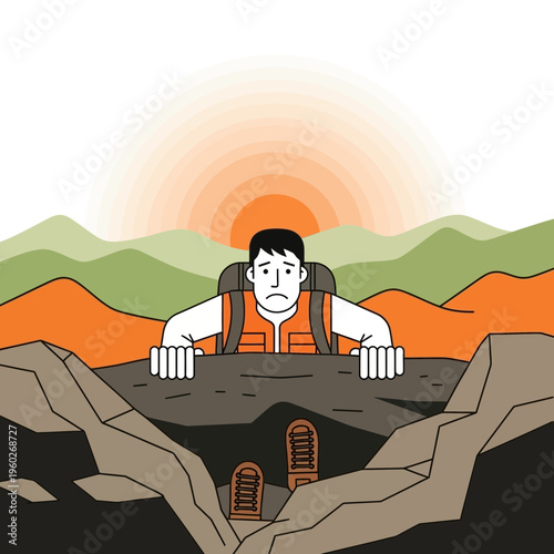 Exhausted Hiker Struggling Over Rocky Terrain During Sunset Adventure