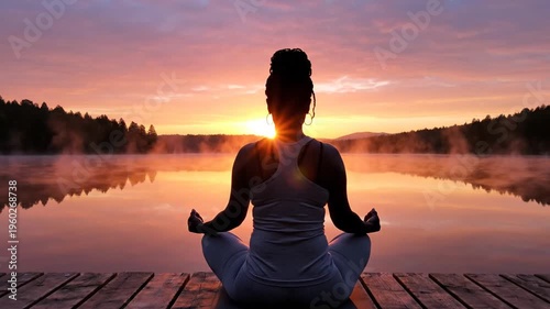 Woman meditating on dock during tranquil lake sunrise