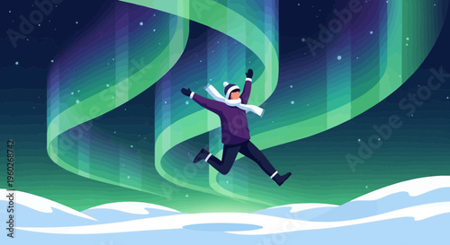 Exhilarated Person Joyfully Jumps Underneath The Mesmerizing Aurora Borealis Display