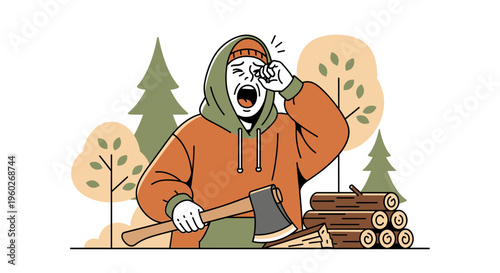Exhausted Lumberjack Rubbing Eyes With Axe And Firewood In Forest