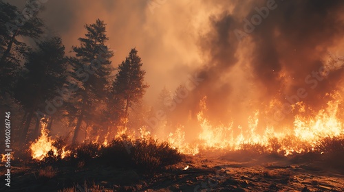 Wildfire engulfing forest with raging flames.