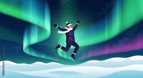Exhilarated Person Leaping Joyfully Under a Dazzling Aurora Borealis Sky
