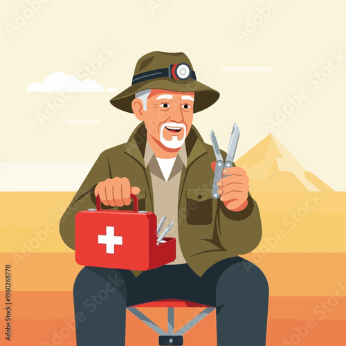 Experienced Adventurer Prepared With First Aid Kit And Multi-Tool