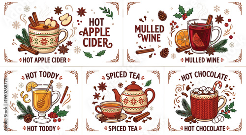 Winter Beverage Label Set Featuring Hot Apple Cider, Mulled Wine, Hot Toddy, Spiced Tea, and Hot Chocolate with Festive Holiday Design Elements