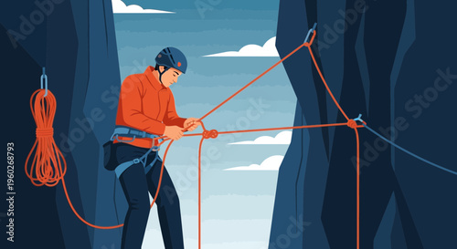 Expert Climber Securing Rope Systems for Mountain Ascent Adventures