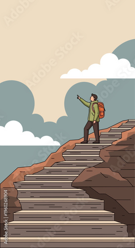 Explorer Ascending Mountain Trail Towards Cloudy Sky