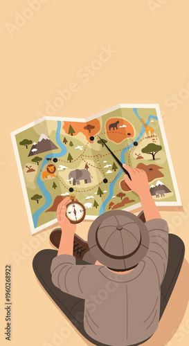 Explorer Charting African Safari Adventure Plan With Compass And Map