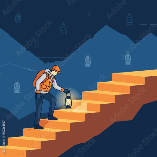 Explorer Ascends Illuminated Stairway Towards Mountain Peaks At Night