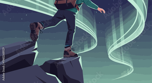 Explorer Ascending Rocky Summit Under Mystical Northern Lights