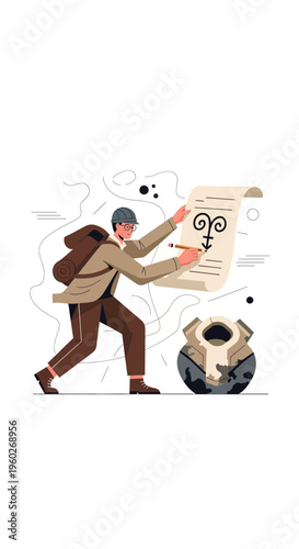 Explorer Charting Ancient Symbols On A Global Map Discovery Journey