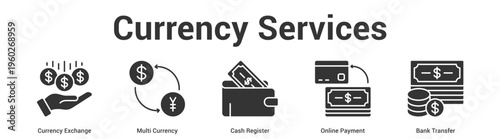 Currency Services web banner icon set vector illustration concept for business with icon of Currency Exchange, Multi Currency, Cash Register, Online Payme.