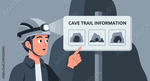 Explorer Consults Cave Trail Information Sign To Choose Path Ahead