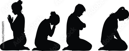 Praying people silhouette set man and woman kneeling in prayer worshiping god seeking forgiveness crying in grief cad drawing flat vector illustration isolated.