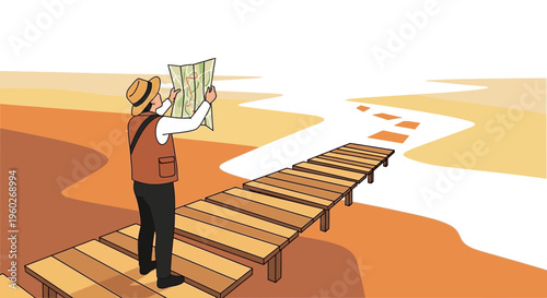 Explorer Consults Map On Wooden Pathway Leading Towards Horizon