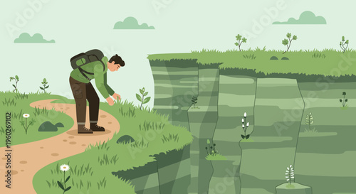 Explorer Discovers Flora On Edge Of Dramatic Canyon With Winding Path