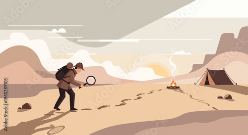 Explorer Following Footprints Discovering Desert Campfire Adventure