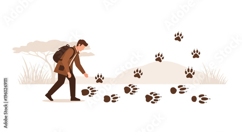 Explorer Following Animal Tracks In The Wilderness Setting With Sparse Vegetation