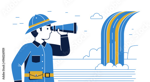 Explorer Gazes Through Binoculars Towards Distant Waterfall Adventure