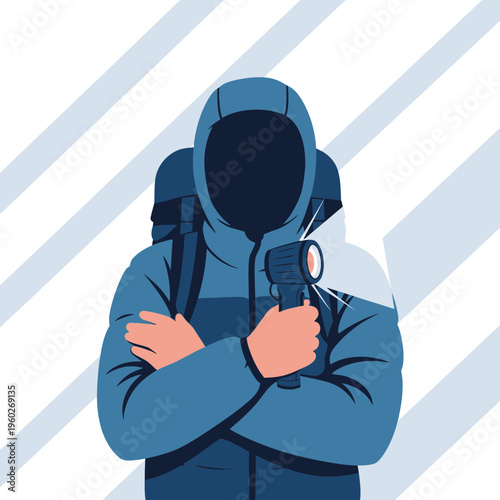 Explorer Holding Bright Flashlight Illuminating Mysterious Darkness