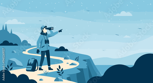 Explorer Gazing Into Distant Horizons On A Mountain Trail