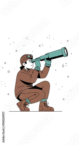 Explorer Gazing Through Telescope Discovering New Horizons Minimalist Illustration