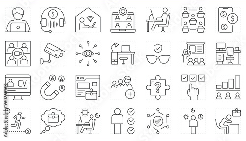 Remote Work related editable stroke line icons set.