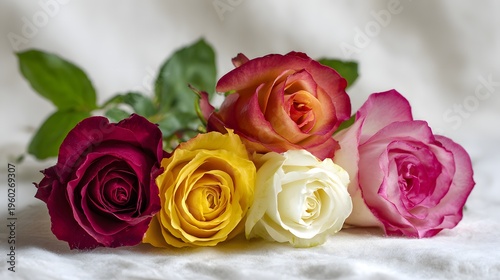 A beautiful arrangement of five multi-colored roses on a textured white background.