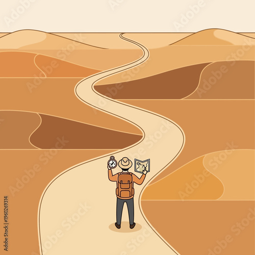 Explorer On A Winding Desert Path With Map And Compass Navigating The Vast Unknown