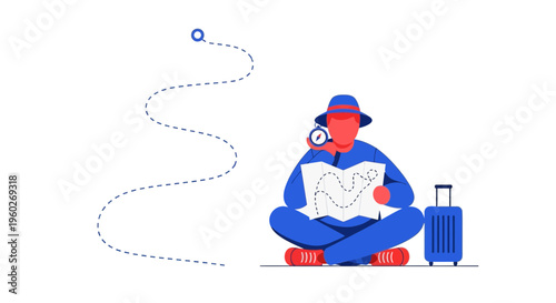 Explorer Planning A Journey With Compass And Suitcase Illustration