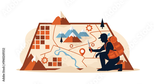 Explorer Planning Expedition On Detailed Mountain Trail Map