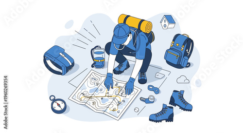 Explorer Planning Expedition With Map And Adventure Gear