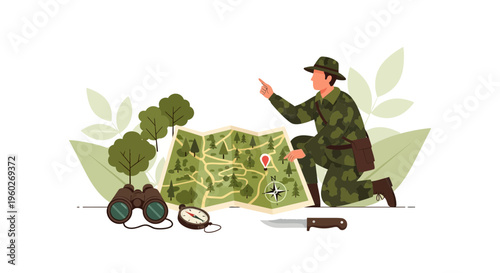 Explorer Planning Expedition With Map And Survival Gear Illustration