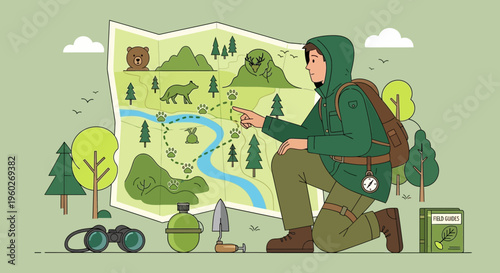 Explorer Planning Outdoor Adventure Journey Using Detailed Wilderness Map