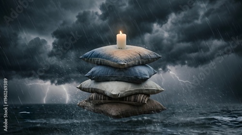 A stack of pillows with a candle on top floats on turbulent water amidst a stormy sky with dark clouds and lightning