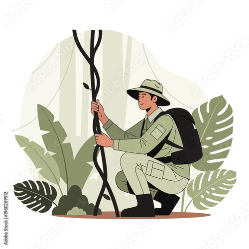 Explorer Ventures Through Lush Tropical Jungle Discovering Exotic Flora