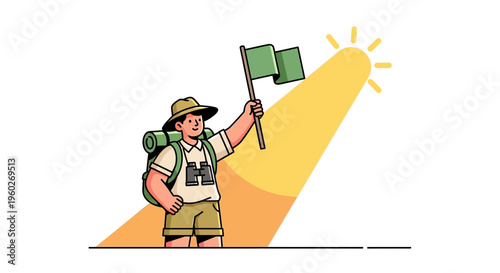 Explorer With Backpack And Flag Celebrating A Discovery In The Spotlight