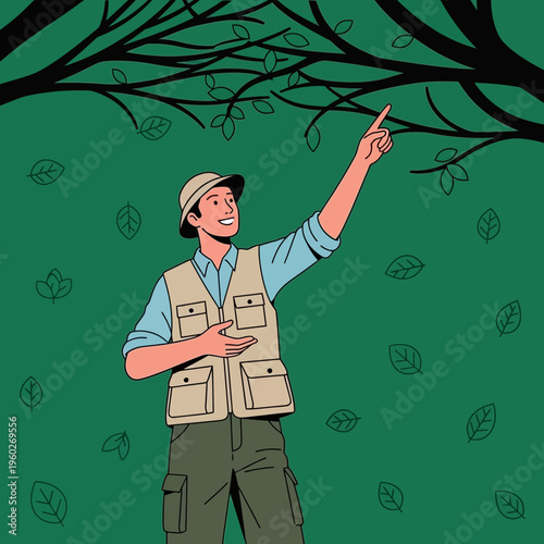 Exploring Nature Adventurer Pointing Towards Lush Forest Canopy Above