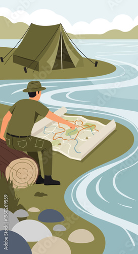 Exploring Nature A Solitary Camper Plans Adventure by the Waterside