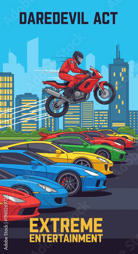 Extreme Motorcycle Stunt Rider Performs Daredevil Act Above City Traffic