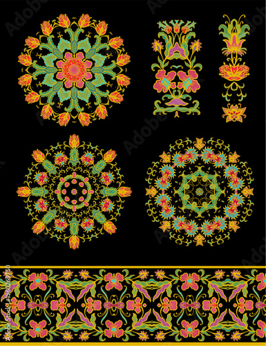 Set of decorative elements - ornamental rosettes, mandala, ornamental vector border ribbons, oriental style