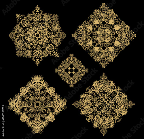 Set of decorative elements - ornamental rosettes, mandala, ornamental vector border ribbons, oriental style