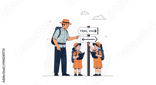 Family Adventure Exploration At A Wilderness Trail Signpost