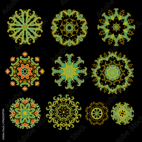 Set of decorative elements - ornamental rosettes, mandala, ornamental vector border ribbons, oriental style