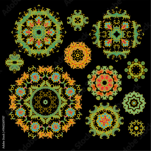 Set of decorative elements - ornamental rosettes, mandala, ornamental vector border ribbons, oriental style
