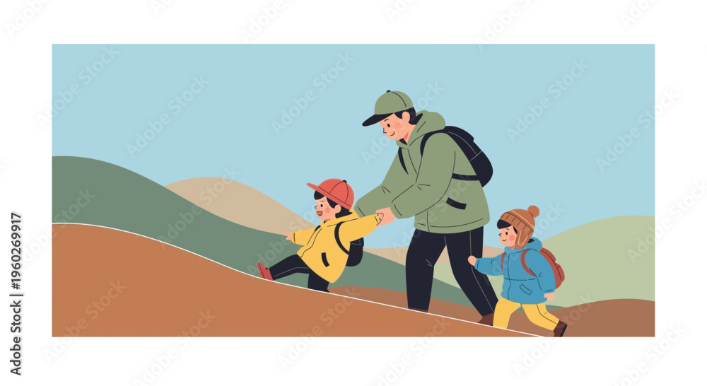 Fototapeta premium Family Hiking Adventure Father Guides Children Through Scenic Terrain