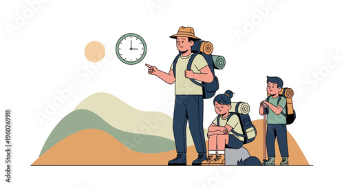 Family Hiking Adventure Checking The Time On A Mountain Excursion