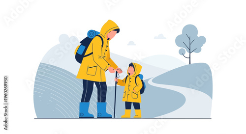 Family Hiking Adventure In A Winter Landscape