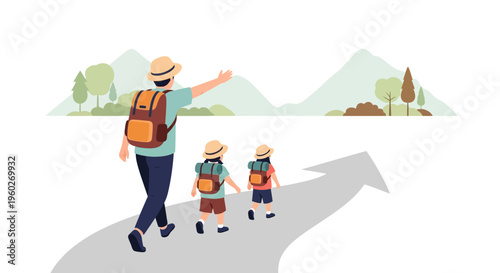 Family Hiking Adventure Leading Towards Scenic Mountain Views