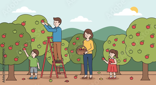 Family Orchard Fun Harvesting Apples Together Under Sunny Skies