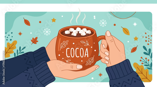 Warm Cocoa Mug Held by Hands with Cozy Winter Setting